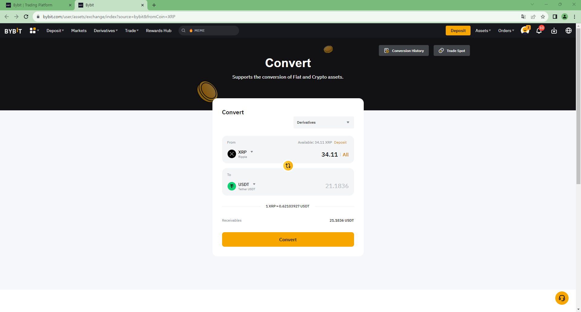 바이비트입금방법-보유 중인 리플을 테더로 모두 바꾸기